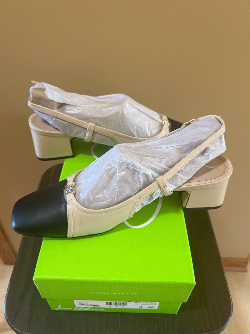 Sam Edelman Two-Tone Square Toe Slingback Flats in Black and Beige - Picture 3 of 5